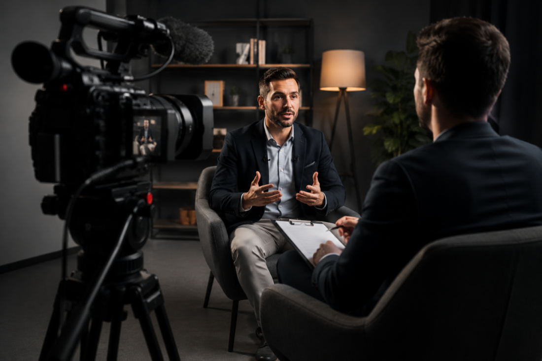 Video production setinde kamera ve röportaj çekimi